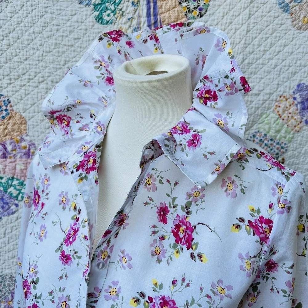 Upcycled Coastal Grandma Cottage Rose Floral Tie Waist Big Ruffle Collar Shirt S